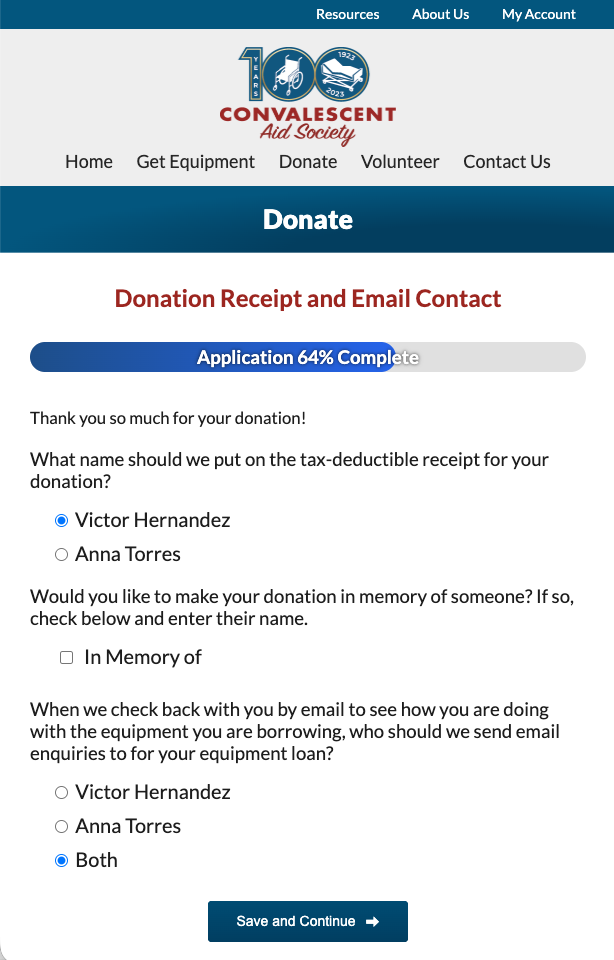 Convalescent Aid Society donation step: name for the tax receipt, an 'In Memory of' option, and who receives the equipment check-in emails