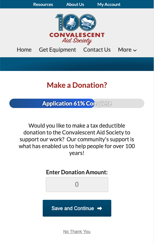 Convalescent Aid Society application step titled Make a Donation? with a donation amount field, Save and Continue, and a No Thank You link