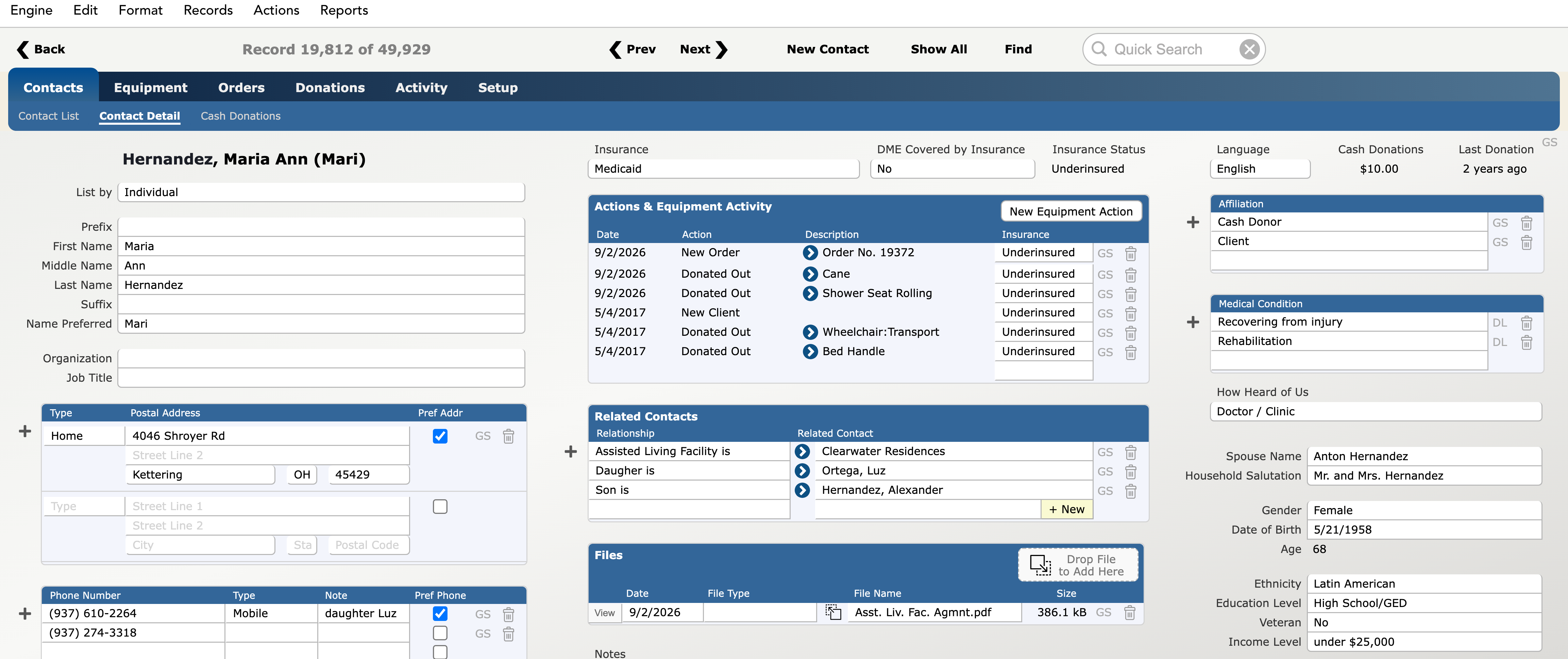 Business Engine demo contact record for Maria Hernandez: equipment activity since 2017, related family and assisted living contacts, insurance status, an attached file, and demographic fields