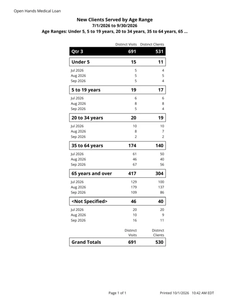 Client Demographics report: new clients served by age range for one quarter, with distinct visits and distinct clients for each month (demo data)
