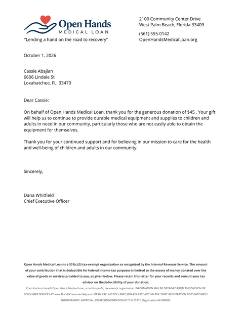 Donation receipt letter on a charity's letterhead, thanking a donor for a gift and stating its tax-deductibility (demo data)
