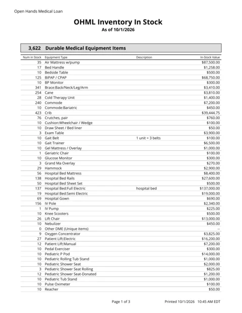 Inventory In Stock report: durable medical equipment by type, with the number in stock and the in-stock value of each (demo data)
