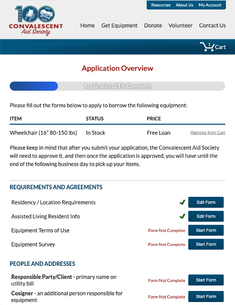 Convalescent Aid Society Application Overview screen: progress bar, cart item, requirements checklist with Edit and Start Form buttons